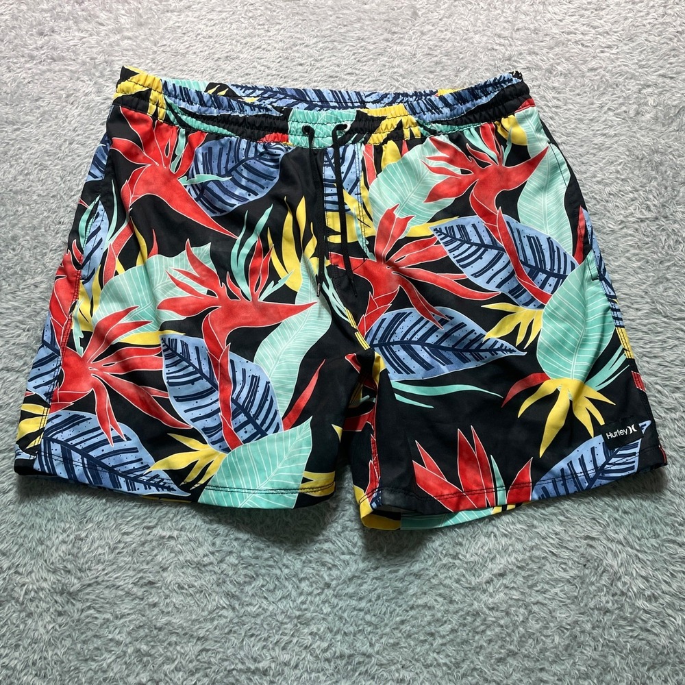 Hurley Mens XXL Tropical Bird of Paradise Floral Swim Trunks Black